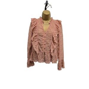 Romantic Sheer Ruffle Blouse Womens Sz S Mauve Eyelet Swiss Dot Victorian Dainty